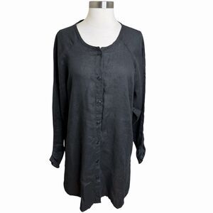 FLAX Linen Longline Tunic Button Down Dress M Charcoal Black Lagenlook Oversized
